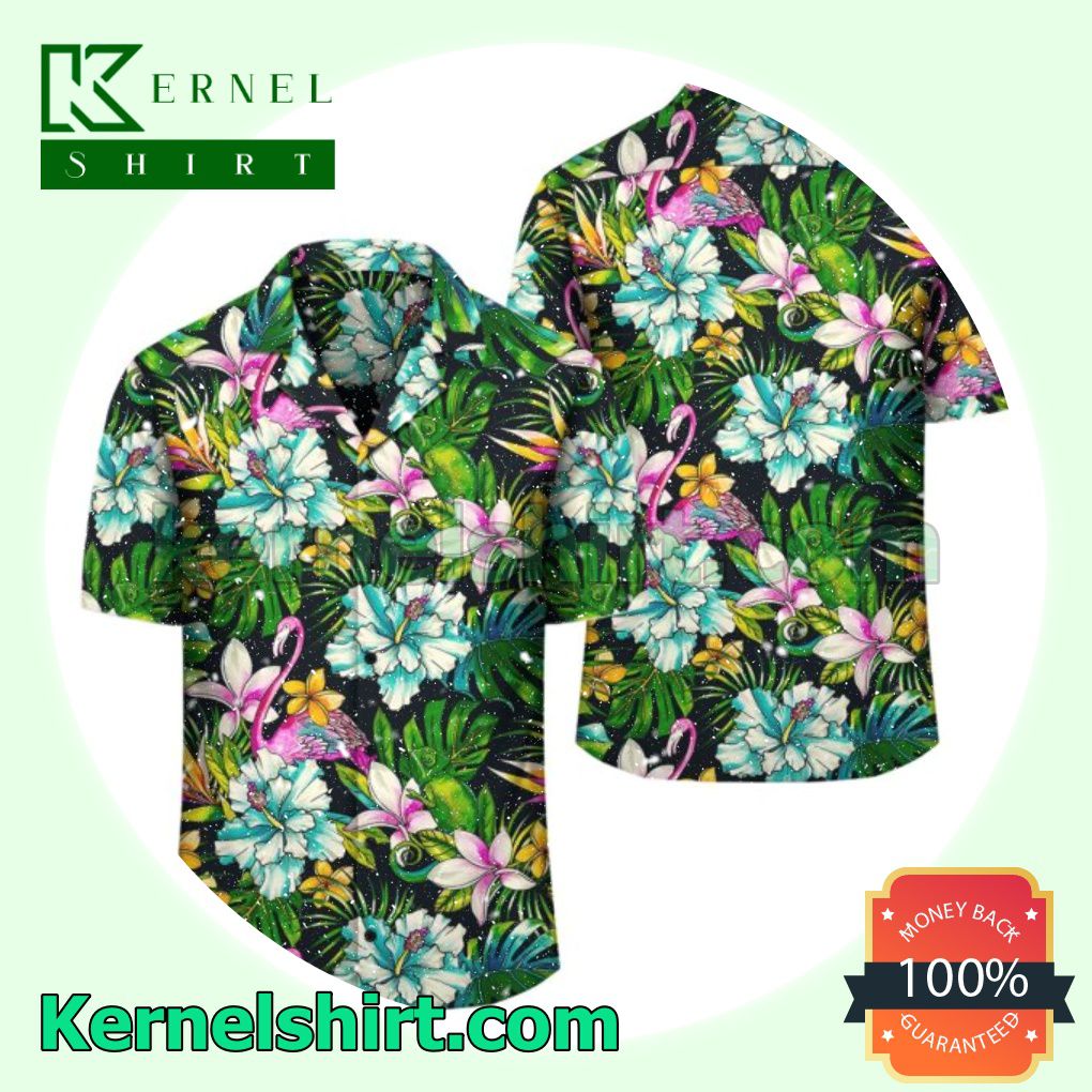 Flamingo And Tropical Flowers Beach Shirts