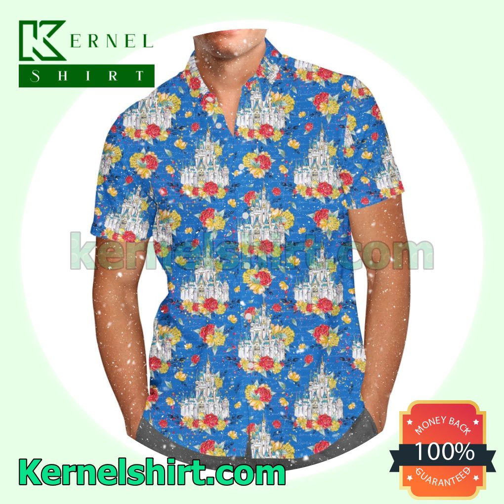 Floral Castle Disney Cartoon Graphics Inspired Blue Aloha Beach Hawaiian Shirt