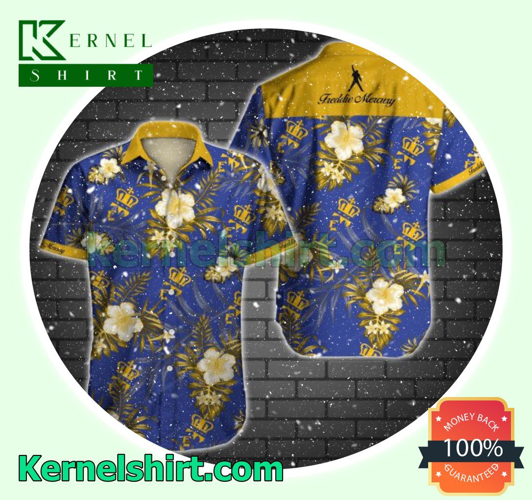 Freddie Mercury Yellow Tropical Floral Navy Beach Shirts