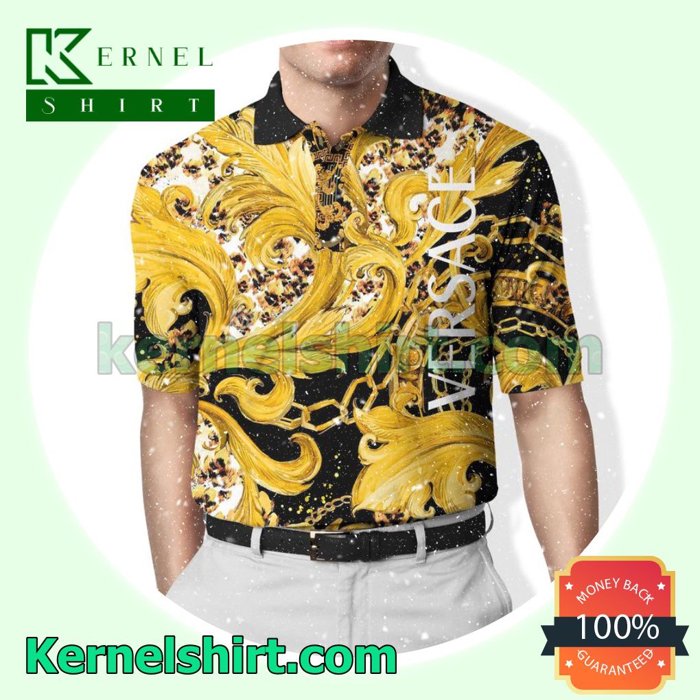 Gianni Versace Barocco Floral All Over Print Gold Golf Polo