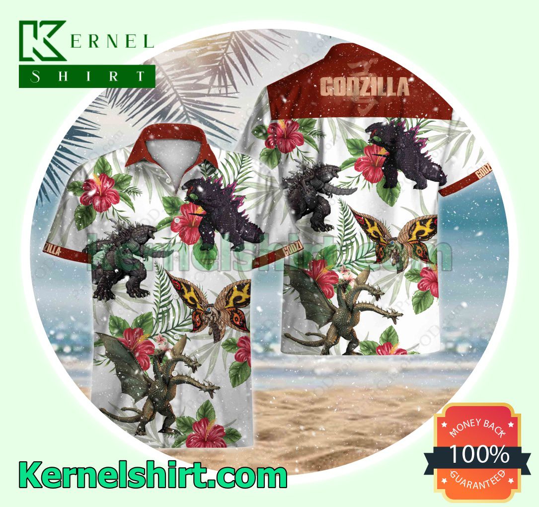 Godzilla Red Hibiscus Palm Leaf White Beach Shirts