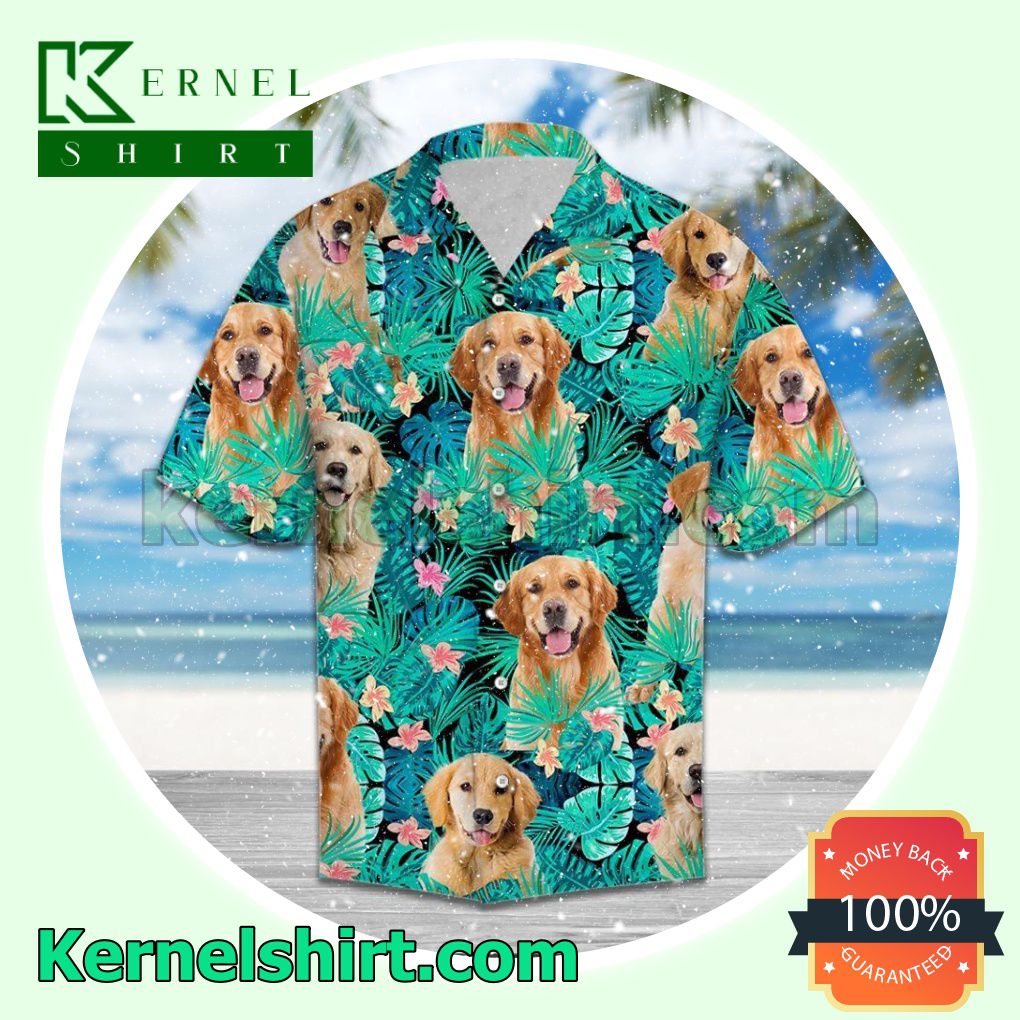 Golden Retriever Behind Tropical Leaves Beach Shirts