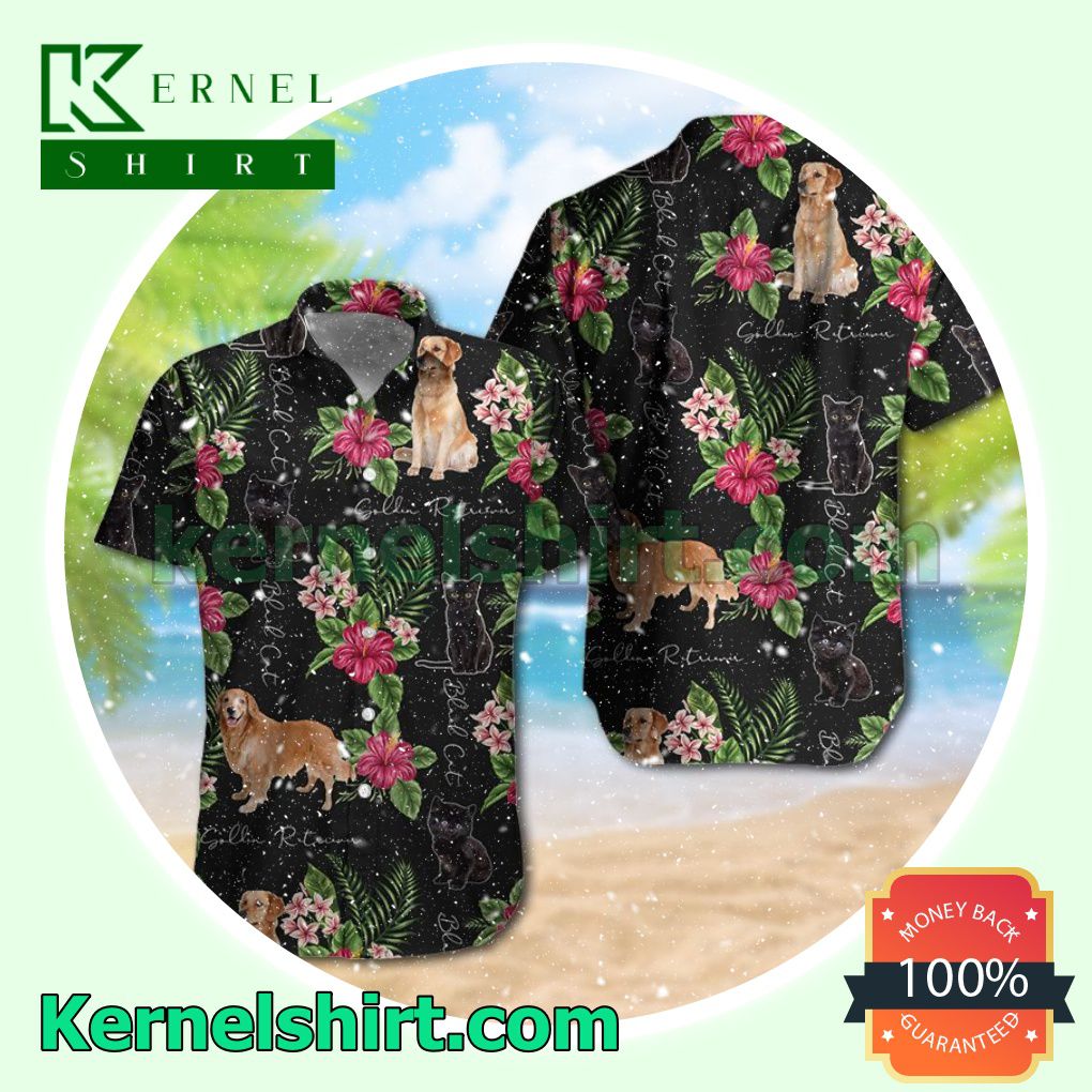 Golden Retriever Black Cat Summer Hawaiian Shirt