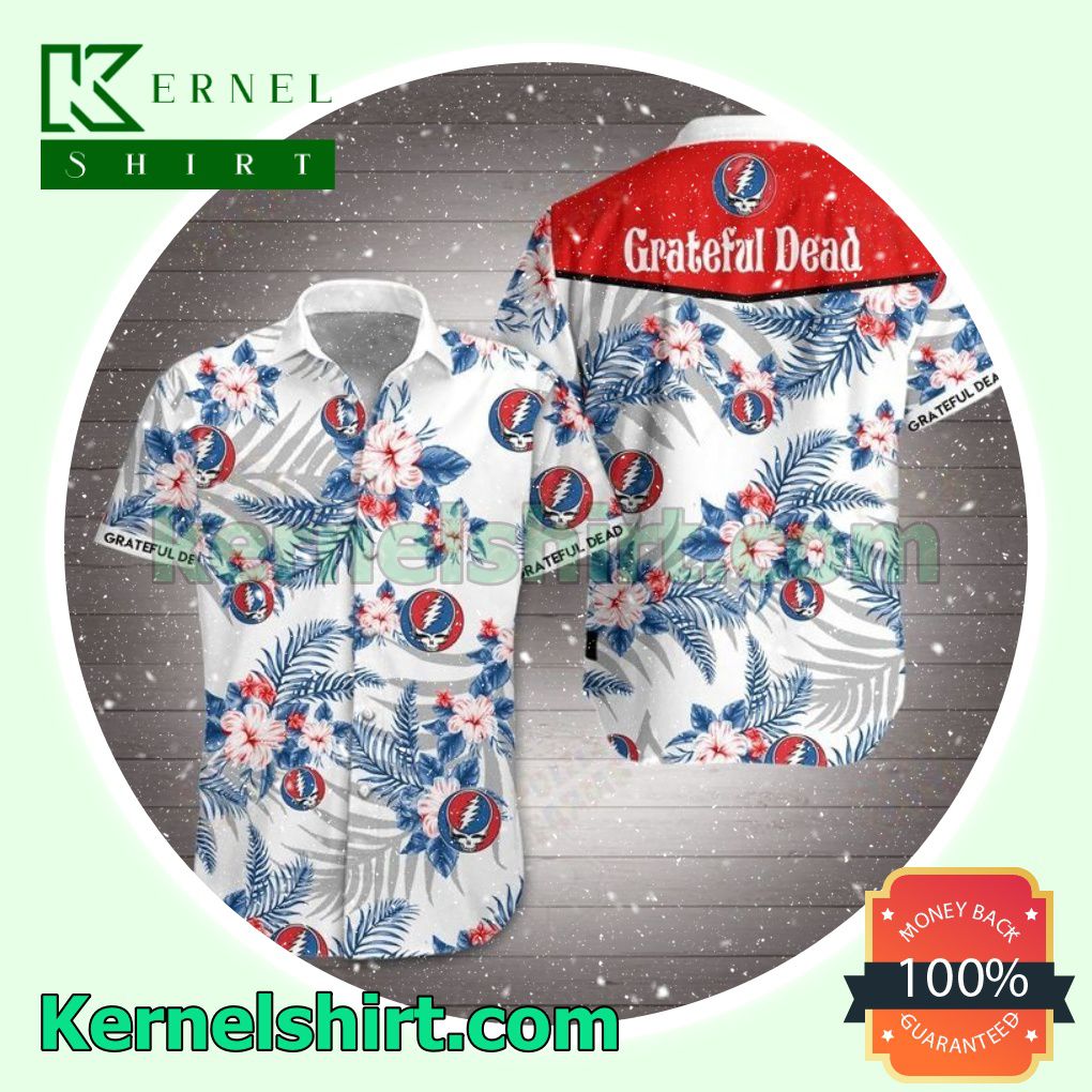 Grateful Dead Blue Tropical Floral White Beach Shirts