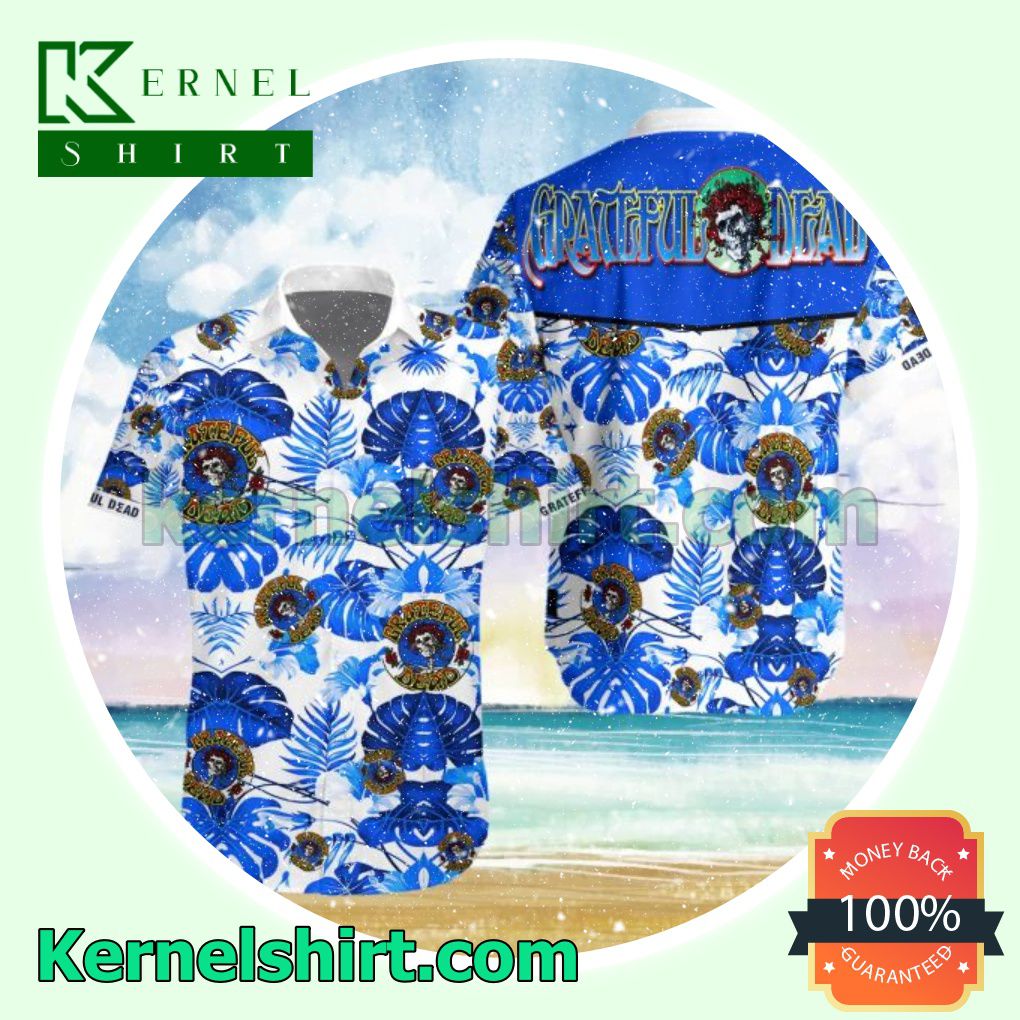 Grateful Dead Blue Tropical Leaves White Beach Shirts