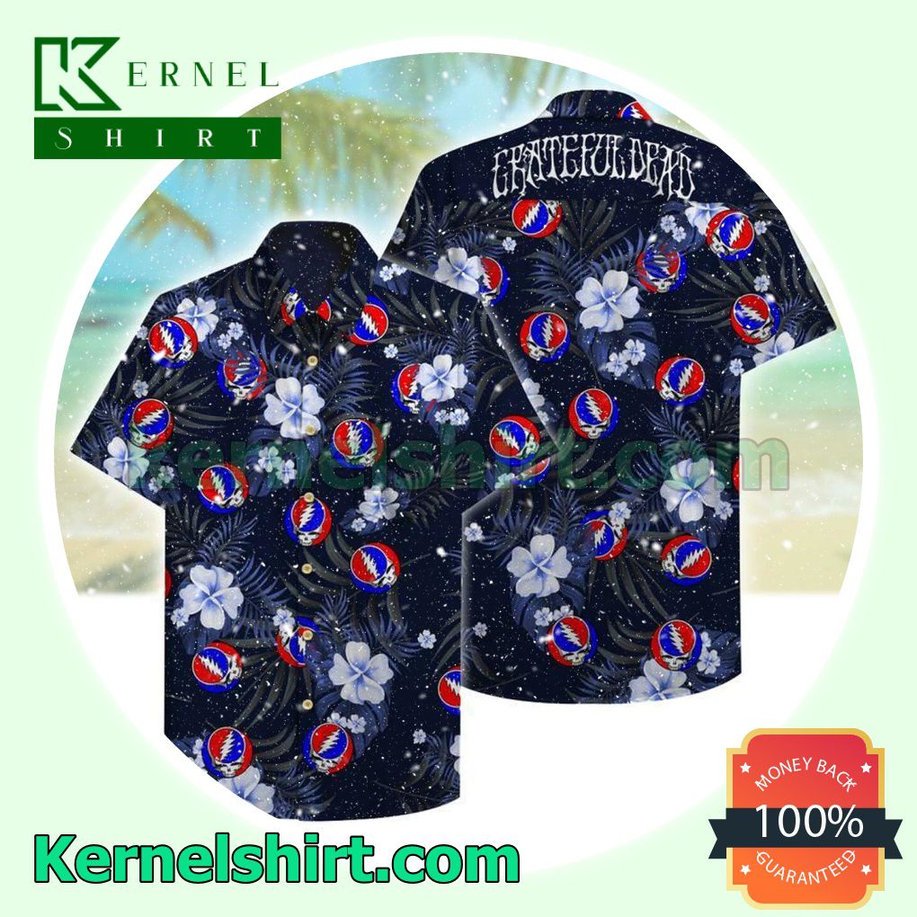 Grateful Dead Logo And Tropical Floral Black Beach Shirt
