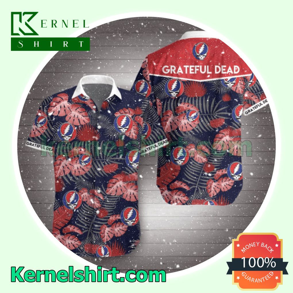 Grateful Dead Logo Red Tropical Leaves Navy Beach Shirts