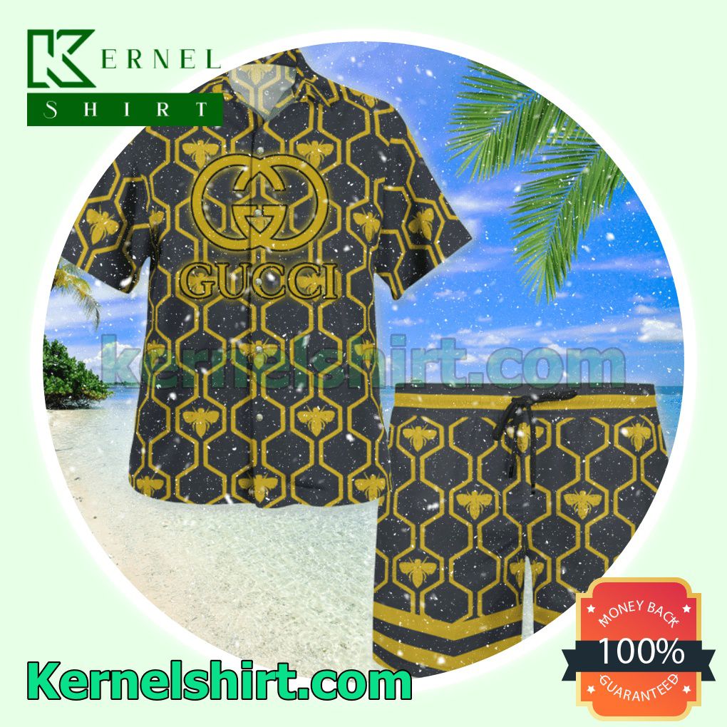 Gucci Bee Hive Pattern Luxury Summer Vacation Shirts, Beach Shorts