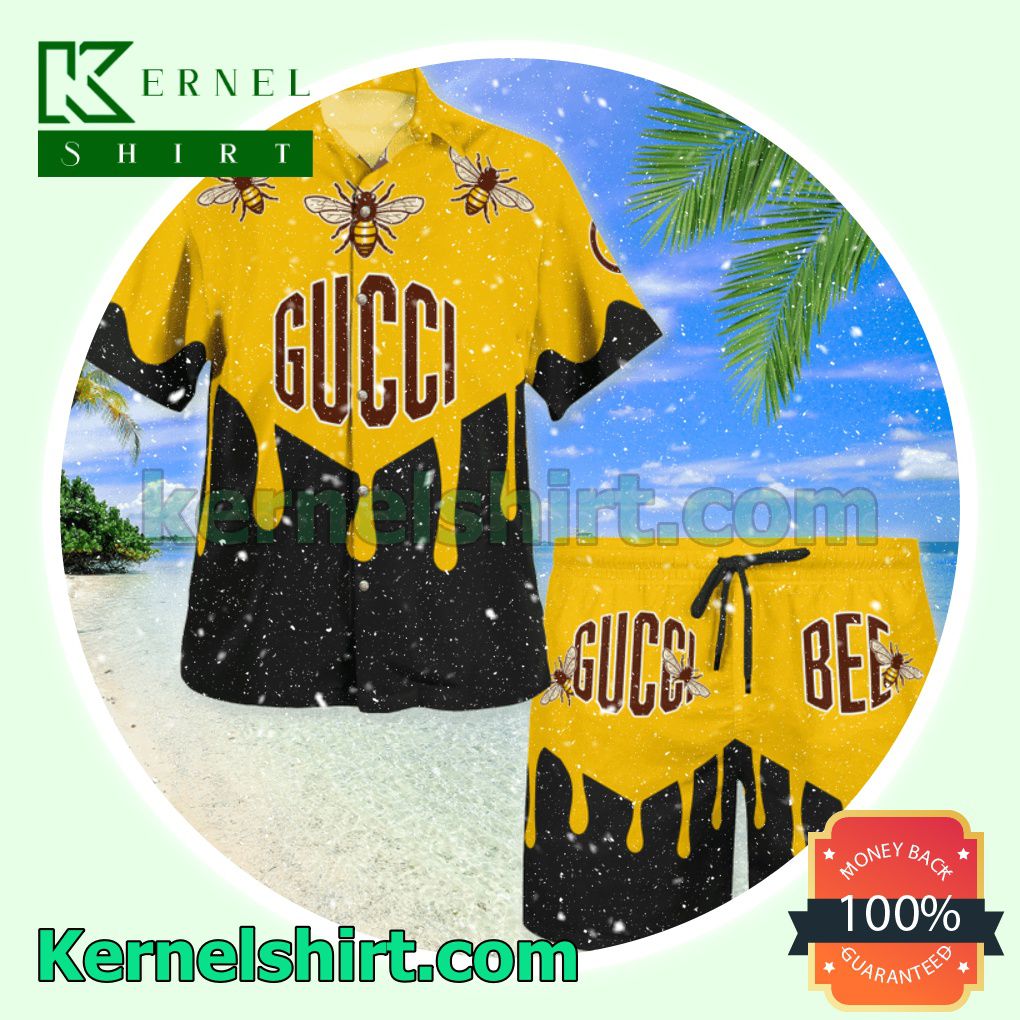 Gucci Bee Yellow Mix Black Luxury Summer Vacation Shirts, Beach Shorts