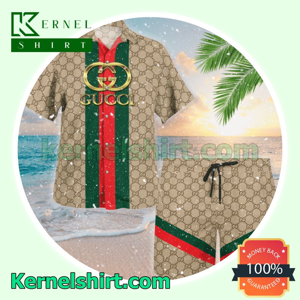 Gucci Beige Monogram With Vertical Color Stripes Luxury Summer Vacation Shirts, Beach Shorts