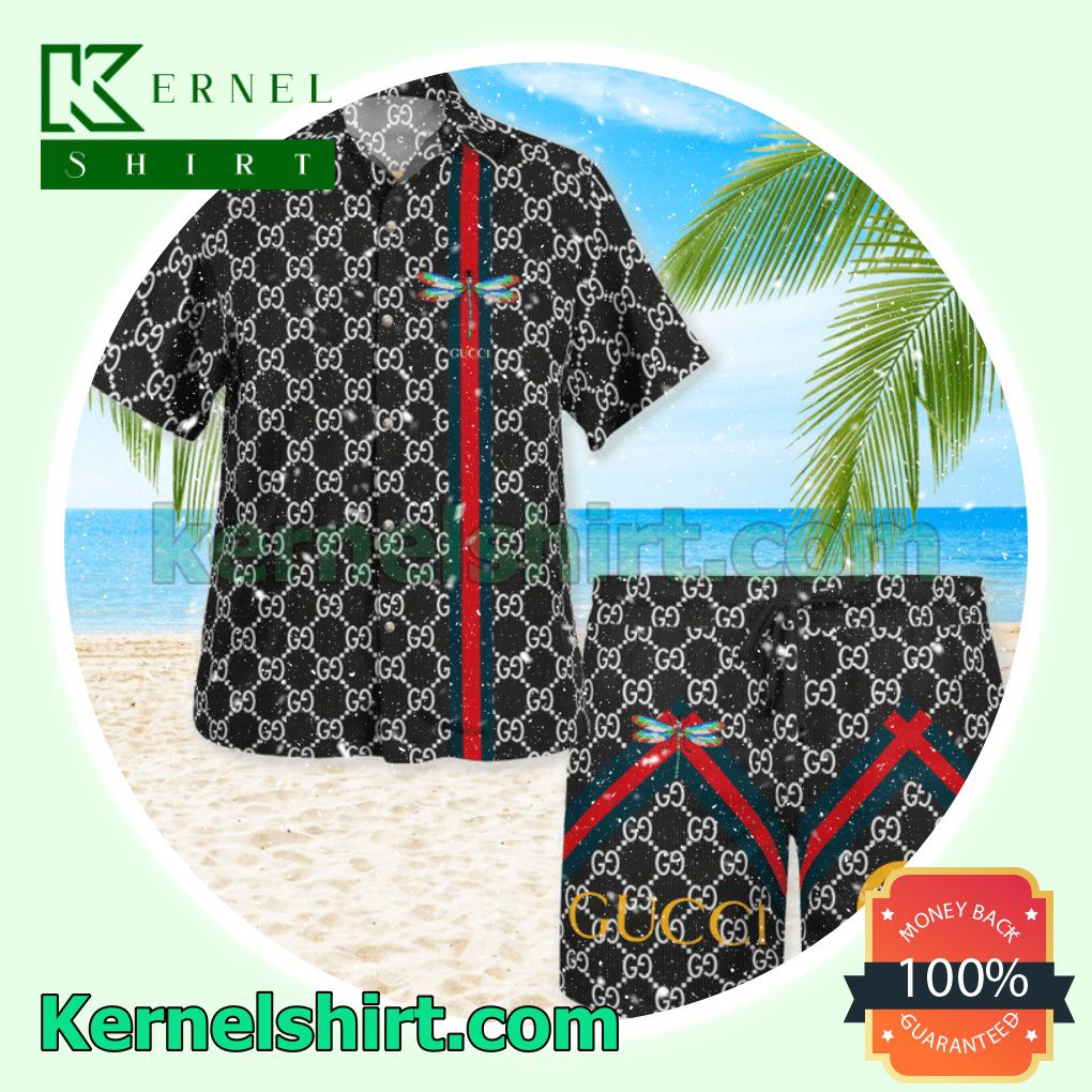 Gucci Black Monogram With Dragonfly On Stripes Luxury Summer Vacation Shirts, Beach Shorts
