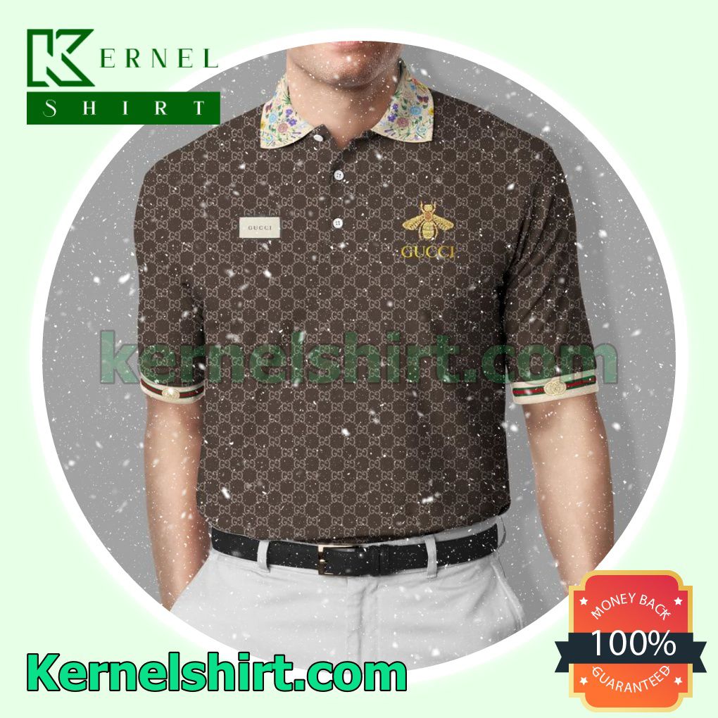 Gucci Brown Bee And Flowers On Collar Golf Polo