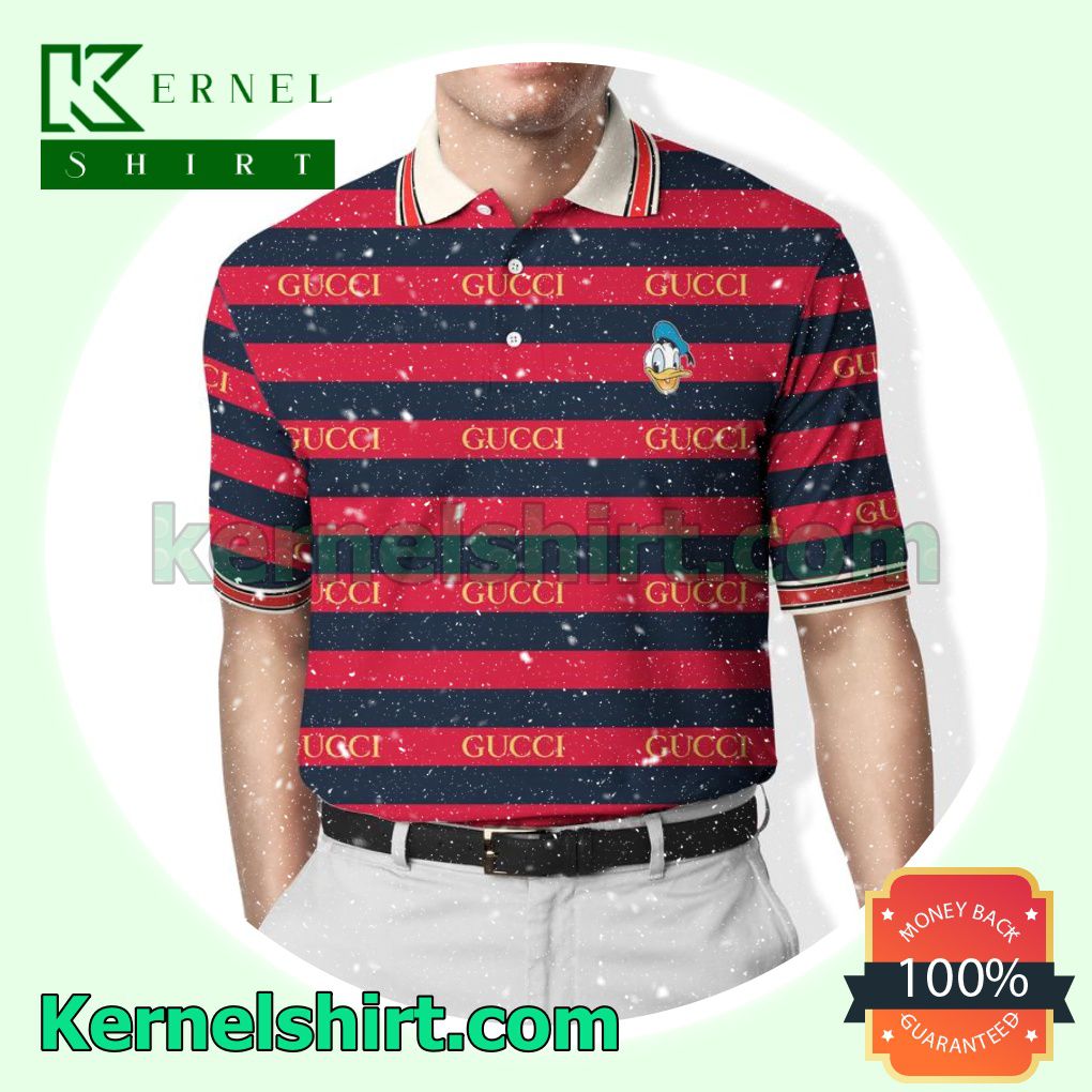 Gucci Donald Duck Horizontal Black And Red Stripes Golf Polo