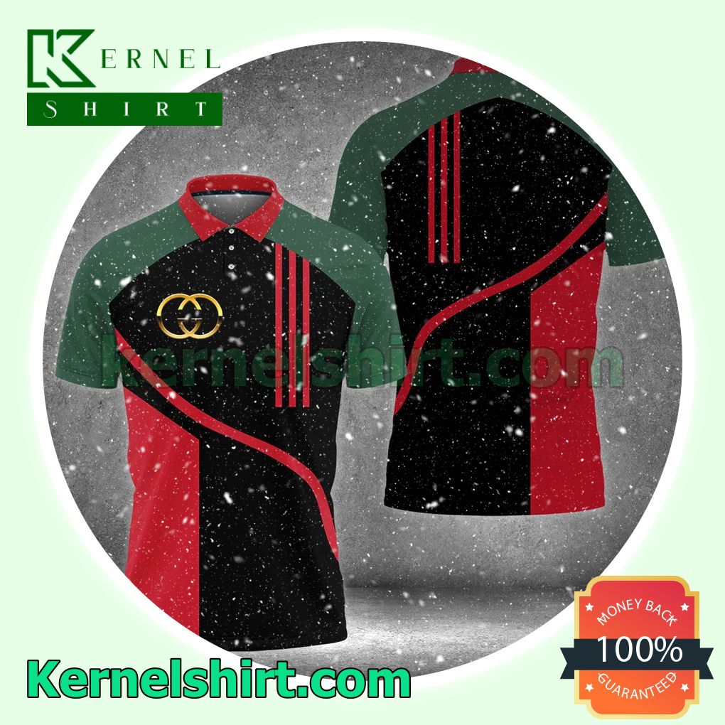 Gucci Gold Logo Black Mix Green And Red Golf Polo