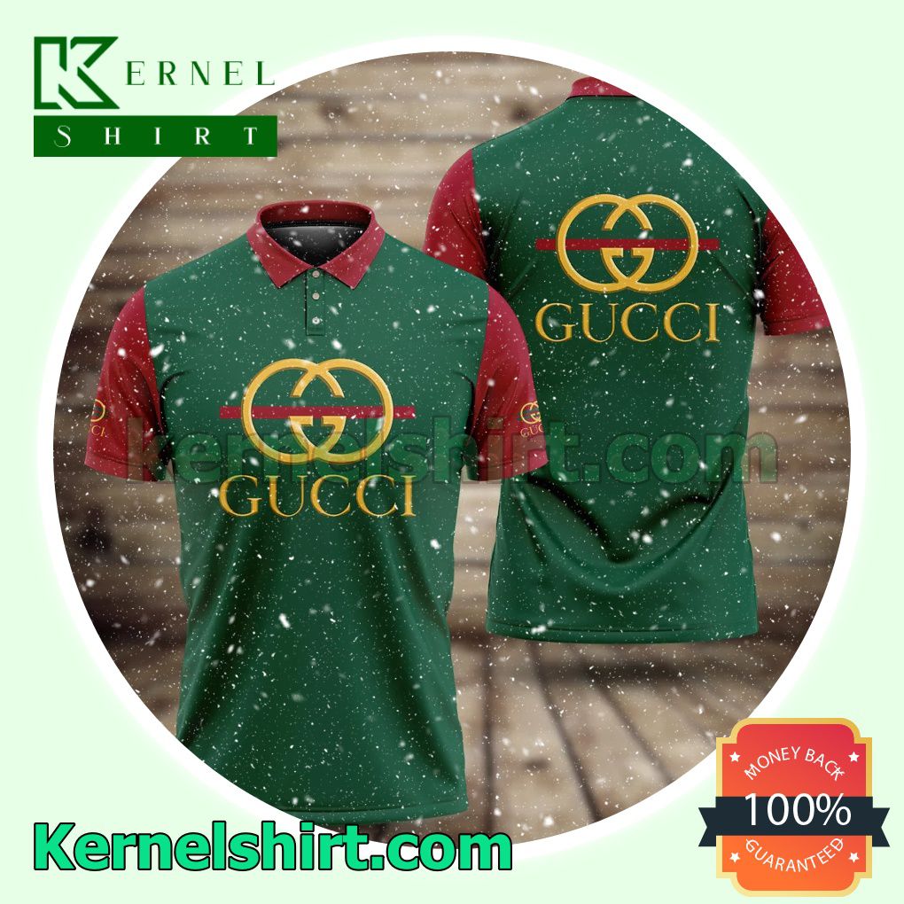 Gucci Gold Logo Green Mix Red Golf Polo
