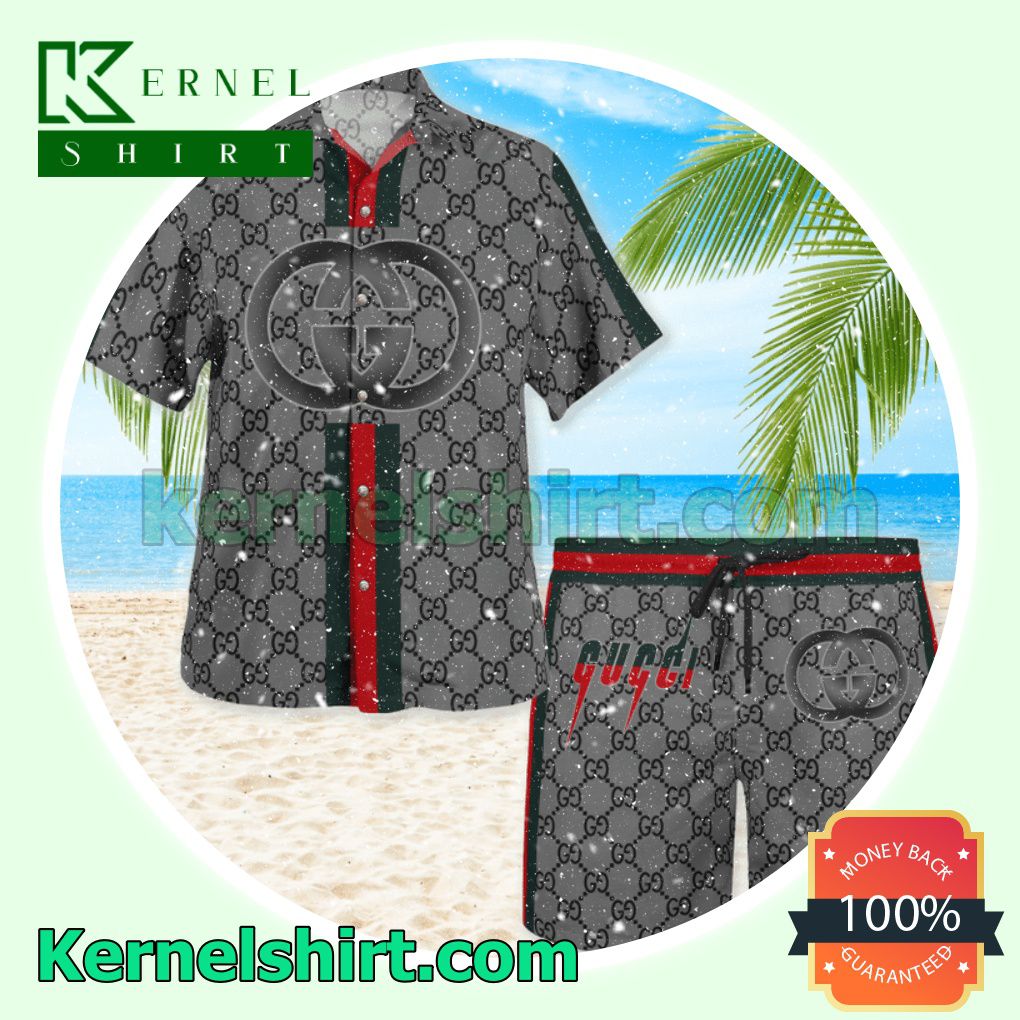 Gucci Grey Monogram With Vertical Color Stripes Luxury Summer Vacation Shirts, Beach Shorts