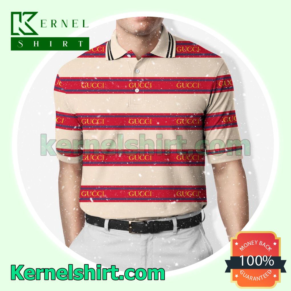 Gucci Horizontal Beige And Red Stripes Golf Polo
