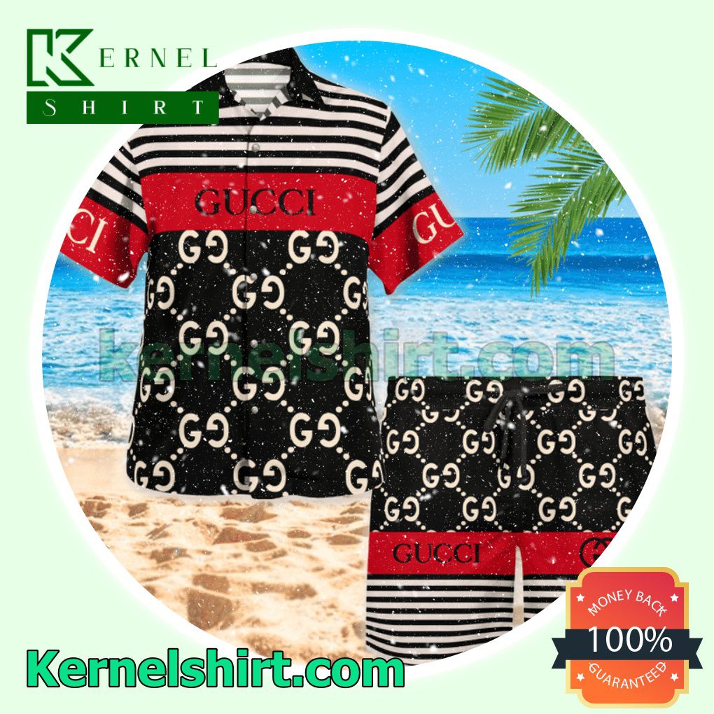 Gucci Horizontal Stripes Black Mix Red Luxury Summer Vacation Shirts, Beach Shorts