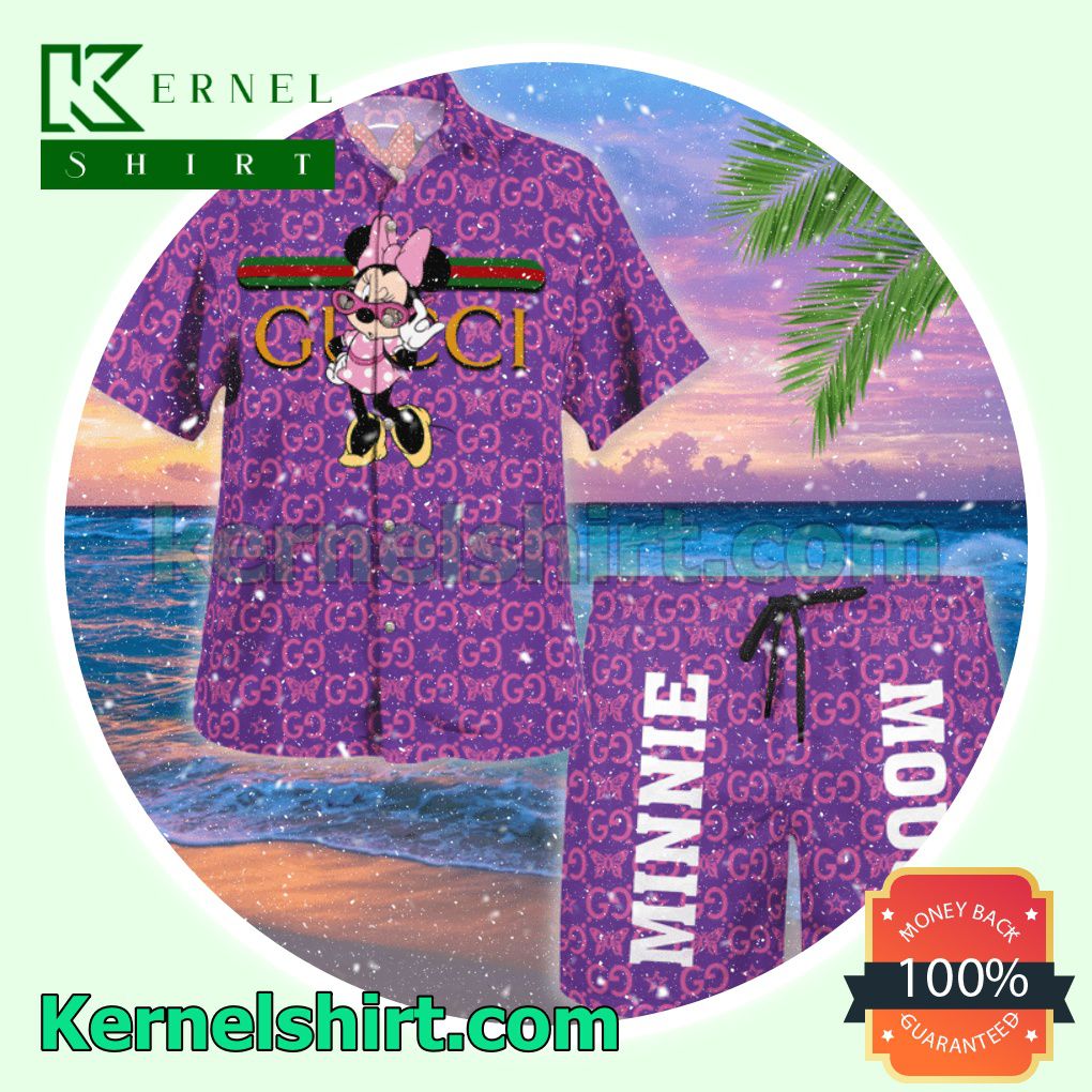 Gucci Minnie Mouse Butterfly Purple Luxury Summer Vacation Shirts, Beach Shorts