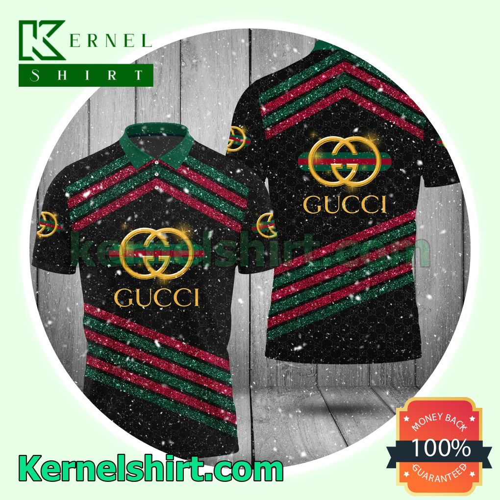 Gucci Monogram And Twinkle Stripes Black Golf Polo