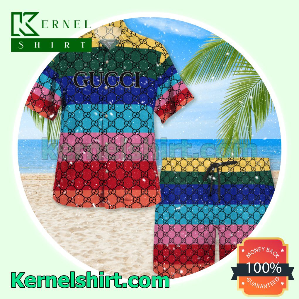 Gucci Monogram Multicolor Horizontal Stripes Luxury Summer Vacation Shirts, Beach Shorts