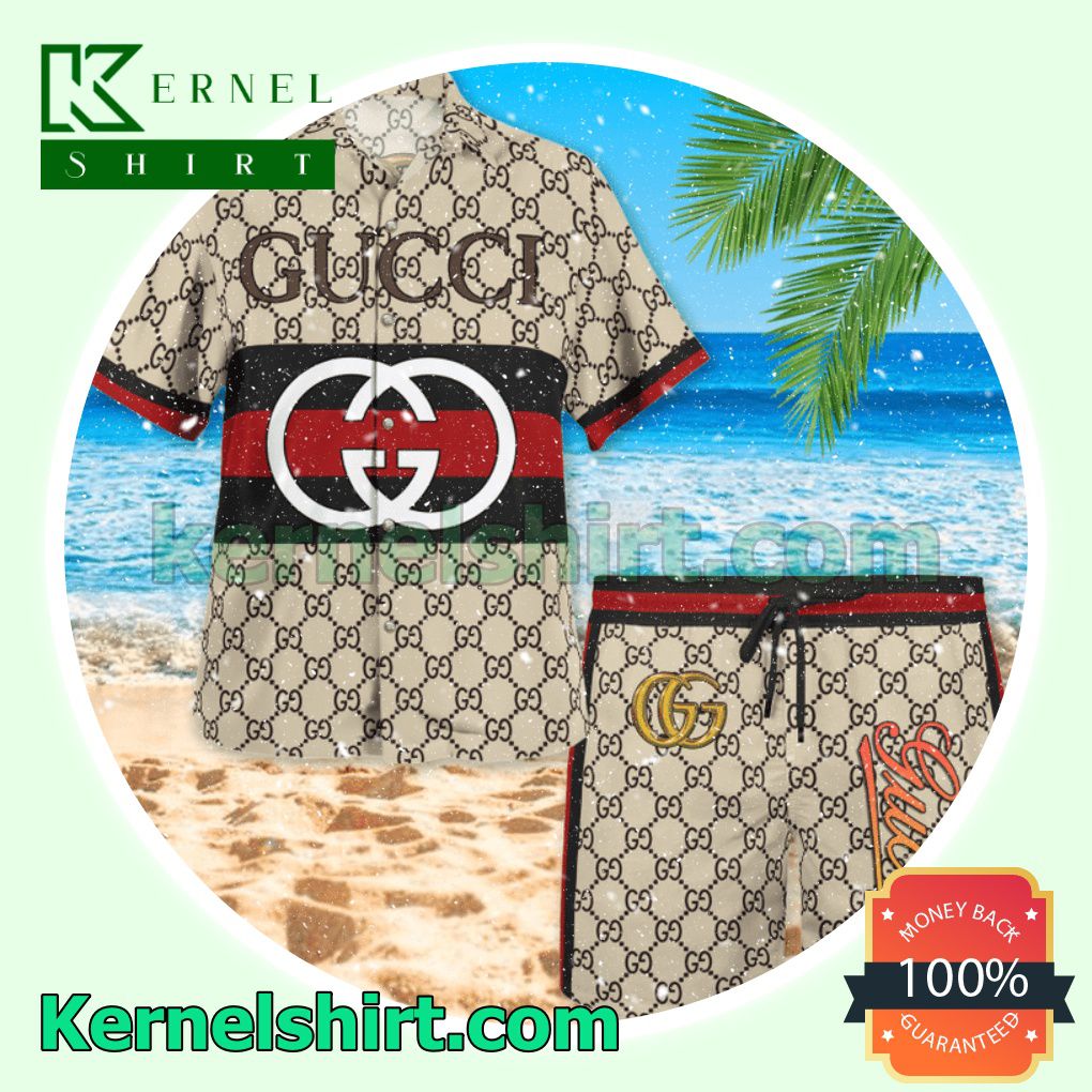 Gucci Monogram With Black And Red Stripes Luxury Summer Vacation Shirts, Beach Shorts