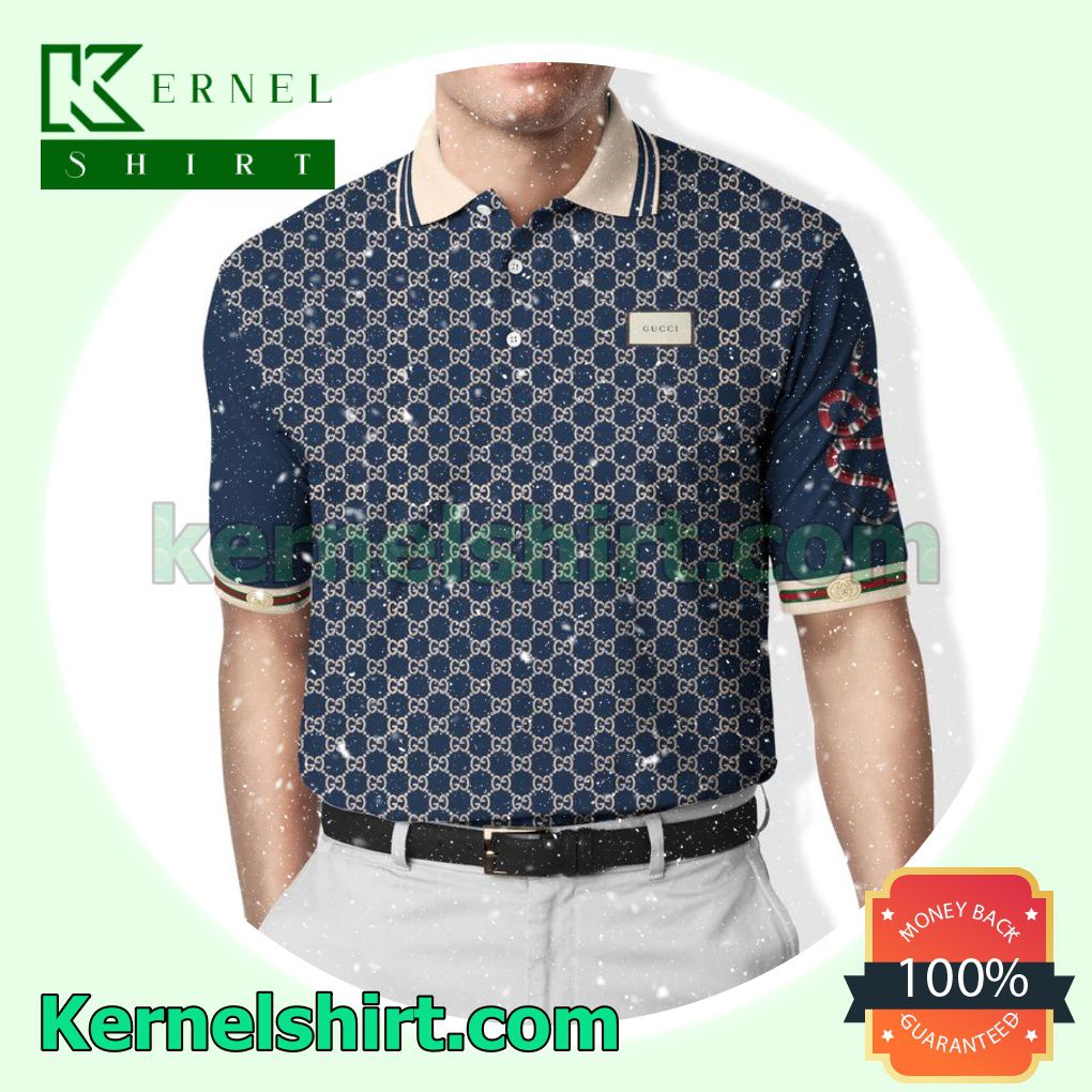 Gucci Navy Monogram With Snake On Left Sleeve Golf Polo