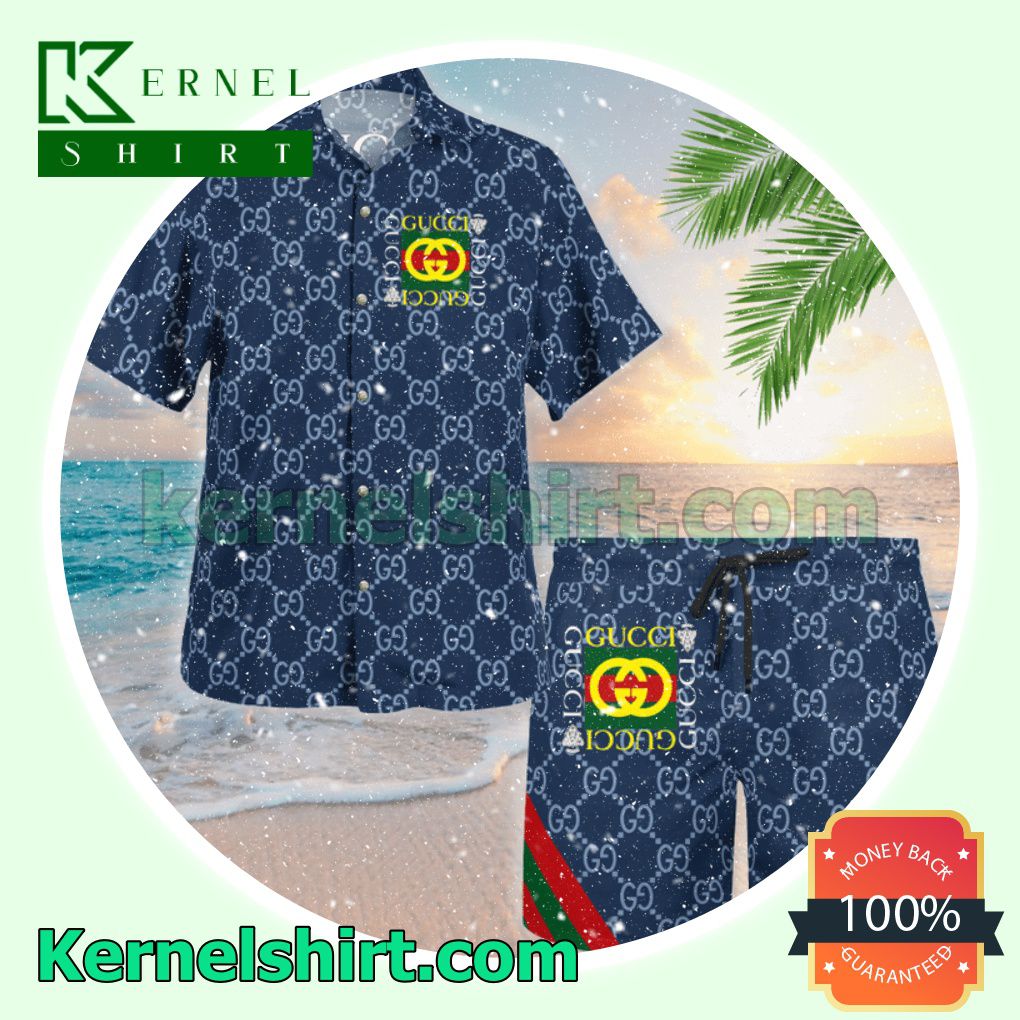 Gucci Navy Monogram With Square Logo Luxury Summer Vacation Shirts, Beach Shorts