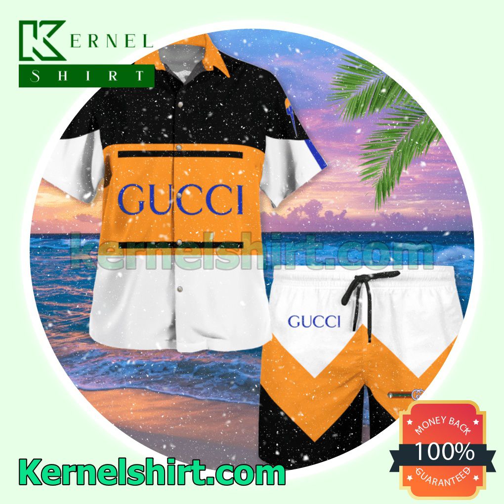 Gucci Orange Black And White Stripes Luxury Summer Vacation Shirts, Beach Shorts