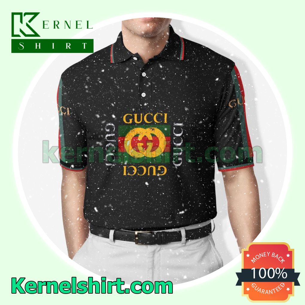 Gucci Squares Logo Mix Stripe Black Golf Polo