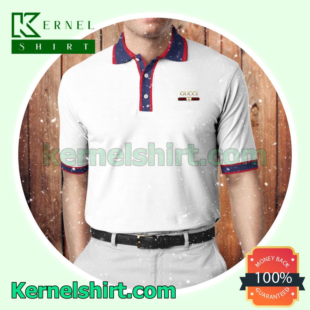 Gucci White With Navy And Red Stripes Golf Polo