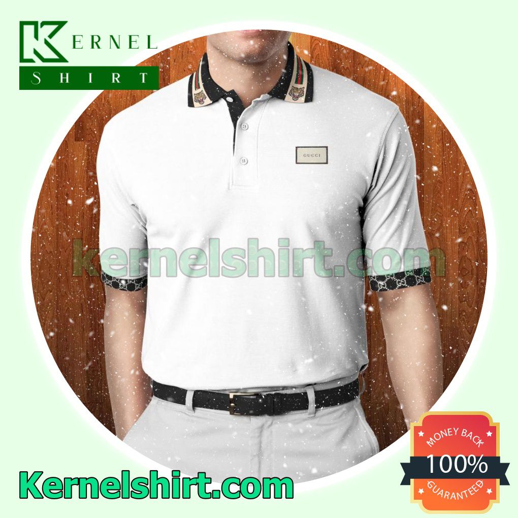 Gucci White With Tiger Stripes On Collar Golf Polo
