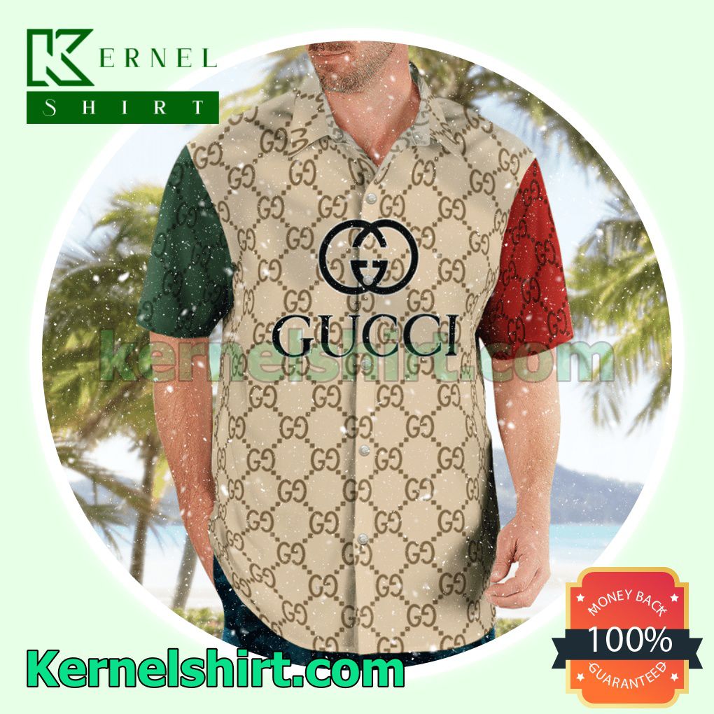 Gucci With Big Logo Center Mix Green Beige And Red Luxury Summer Vacation Shirts, Beach Shorts a