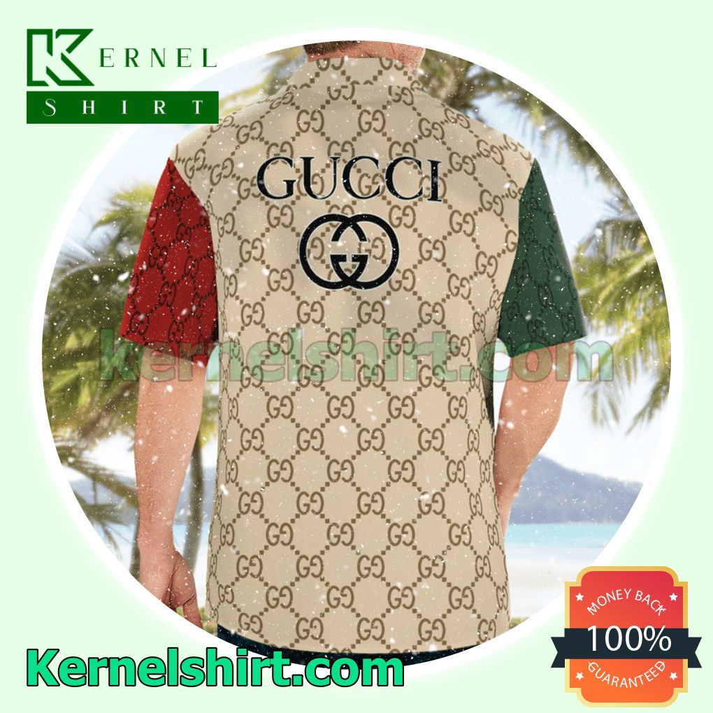 Gucci With Big Logo Center Mix Green Beige And Red Luxury Summer Vacation Shirts, Beach Shorts b