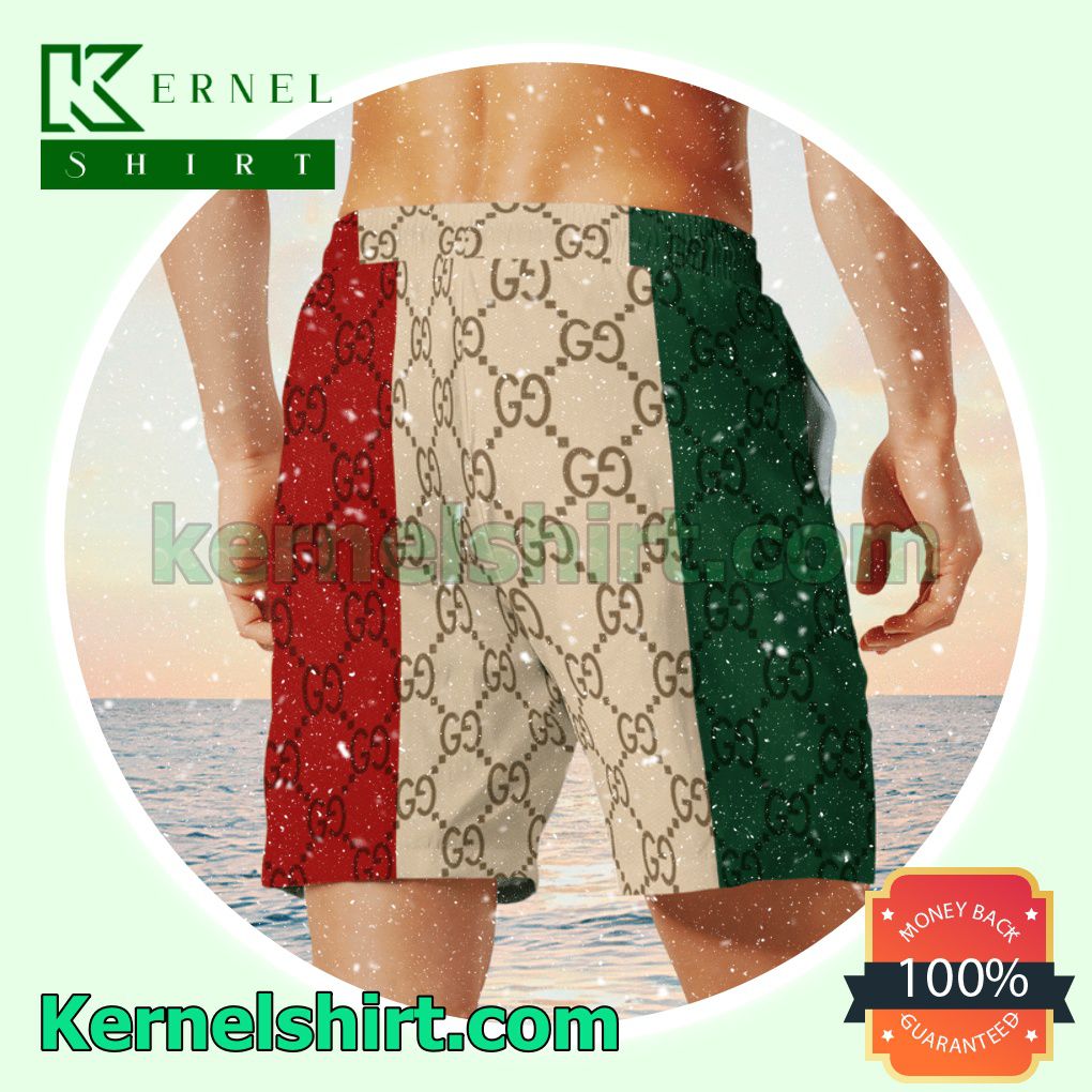 Gucci With Big Logo Center Mix Green Beige And Red Luxury Summer Vacation Shirts, Beach Shorts x