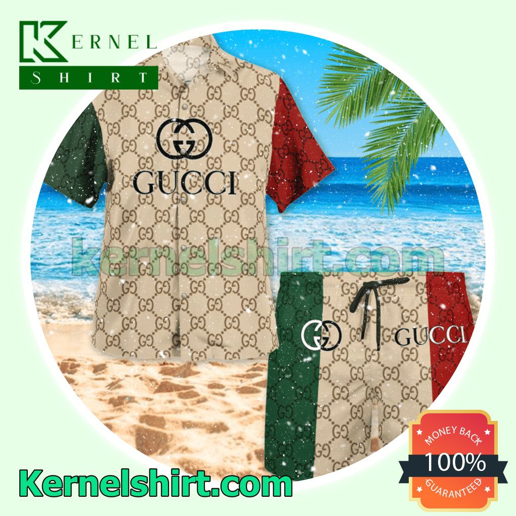 Gucci With Big Logo Center Mix Green Beige And Red Luxury Summer Vacation Shirts, Beach Shorts