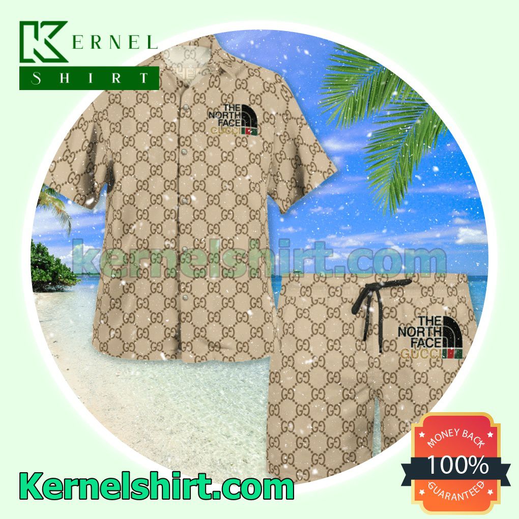 Gucci With The North Face Gucci Logo Beige Luxury Summer Vacation Shirts, Beach Shorts