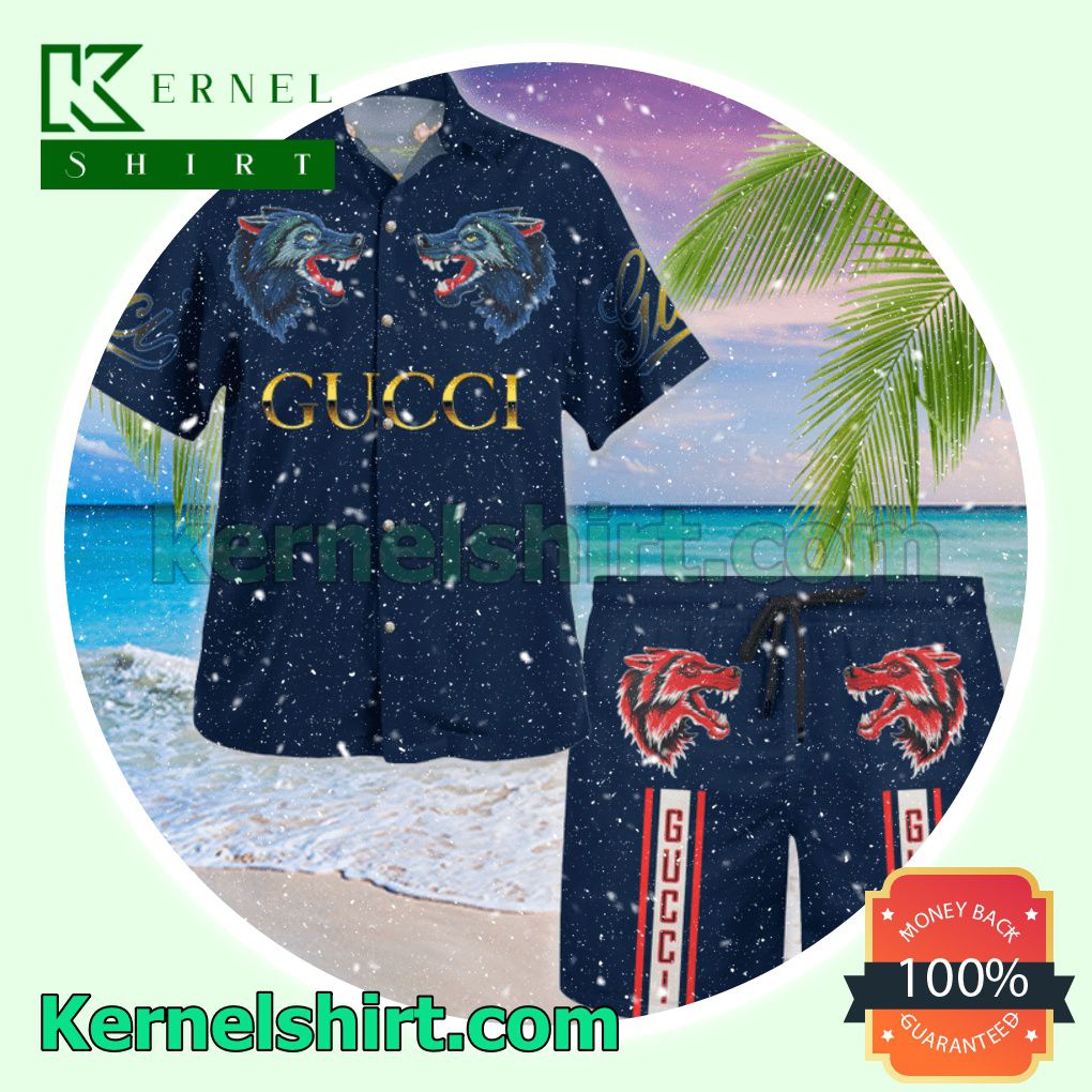 Gucci Wofl Navy Luxury Summer Vacation Shirts, Beach Shorts
