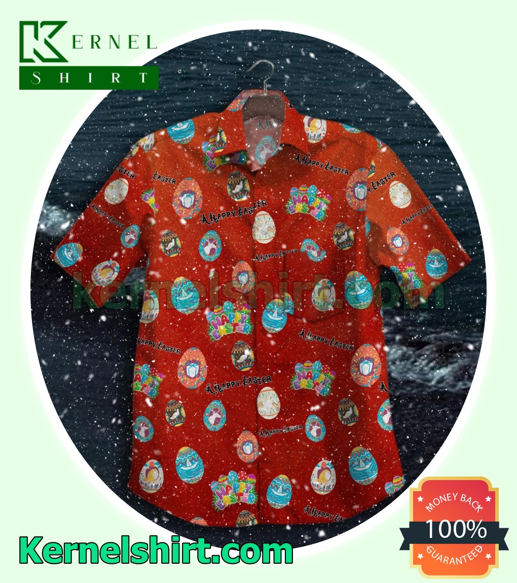 Happy Easter Eggs Print Red Beach Shirts