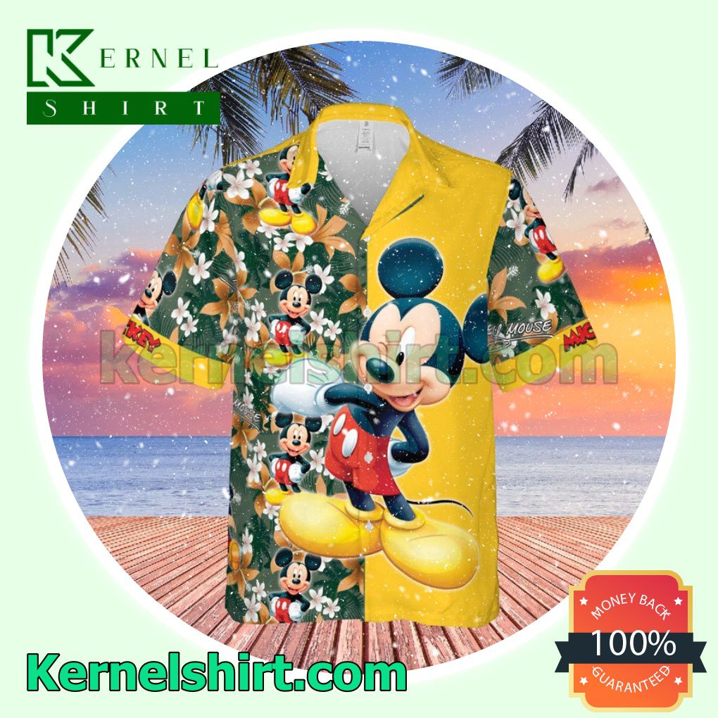 Happy Mickey Disney Cartoon Graphics Floral Pattern Yellow Aloha Beach Hawaiian Shirt
