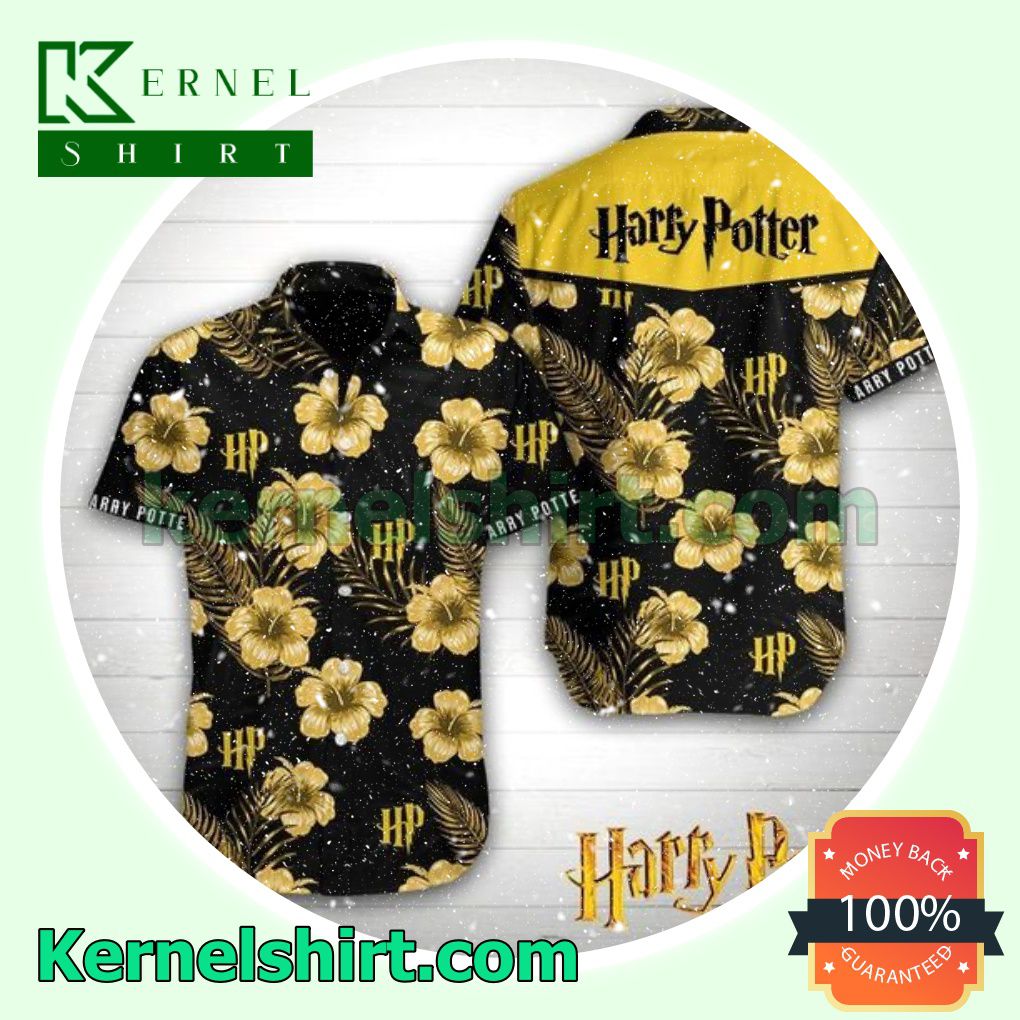 Harry Potter Yellow Hibiscus Black Beach Shirts