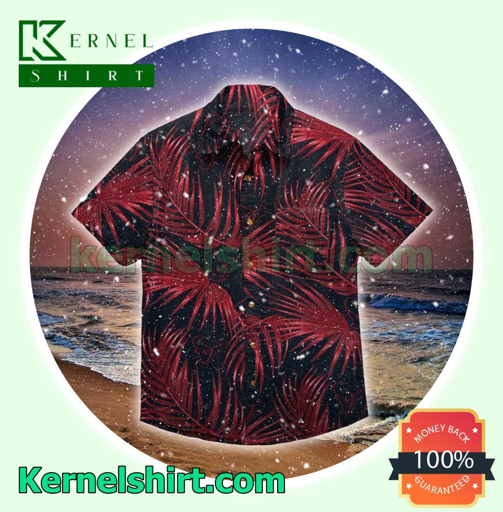 Houston Texans Red Palm Leaves Black Beach Shirt