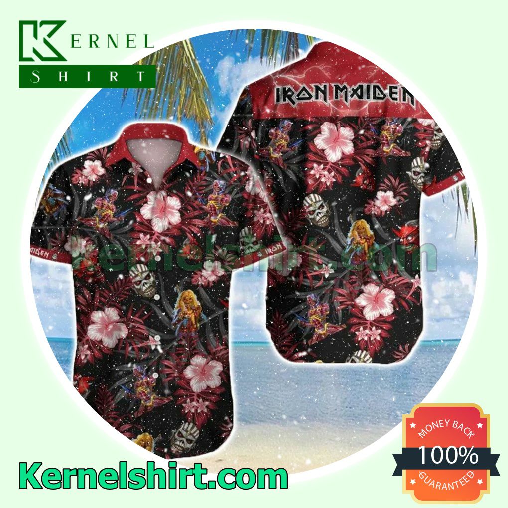 Iron Maiden Tropical Floral Black Beach Shirt
