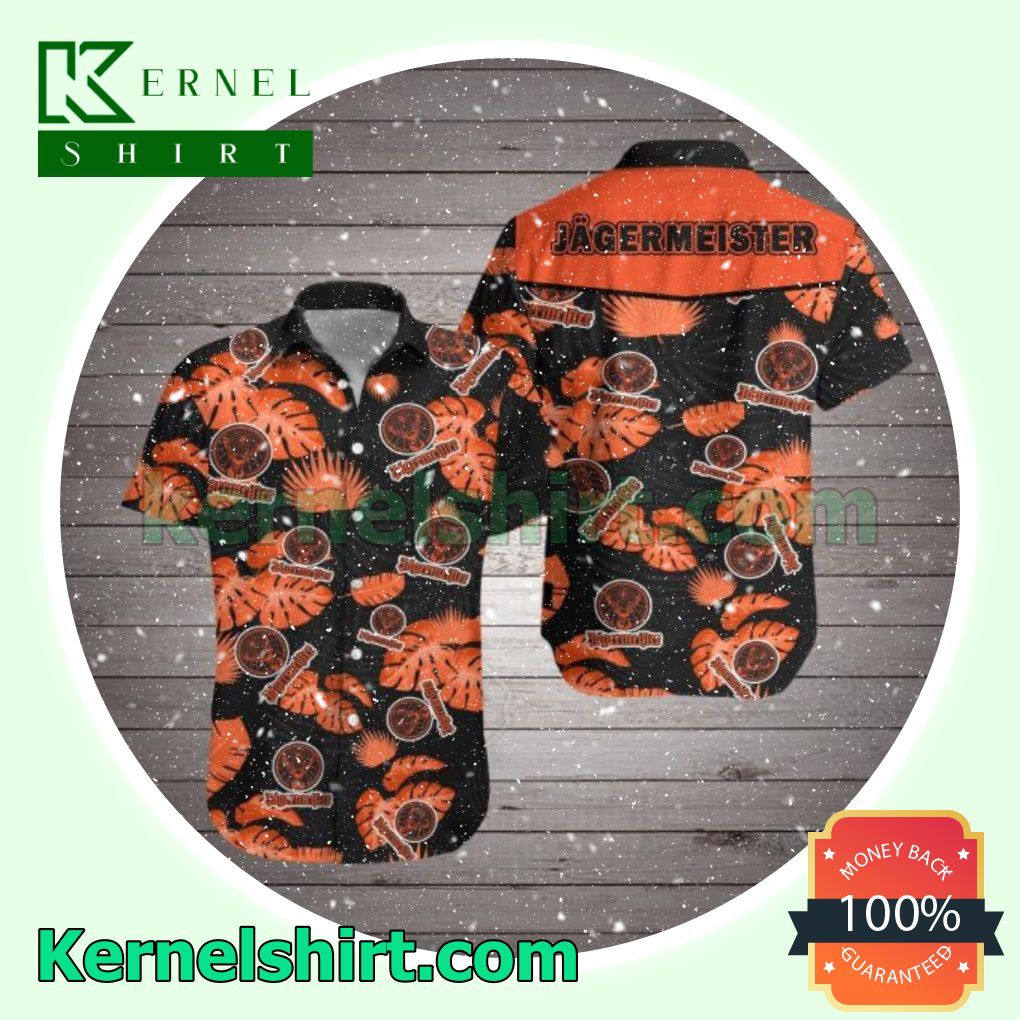 Jagermeister Red Tropical Leaves Black Beach Shirts