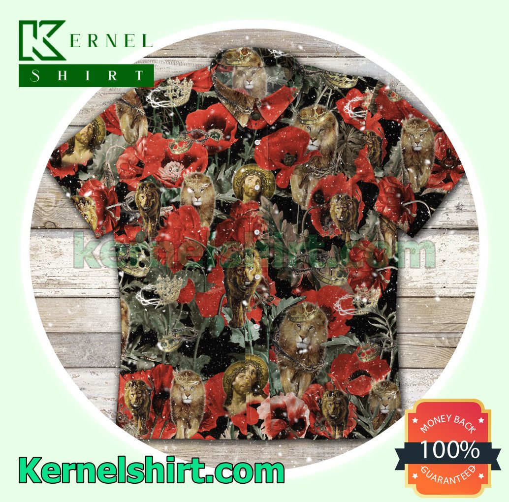 Jesus And Lion Red Flowers Beach Shirts