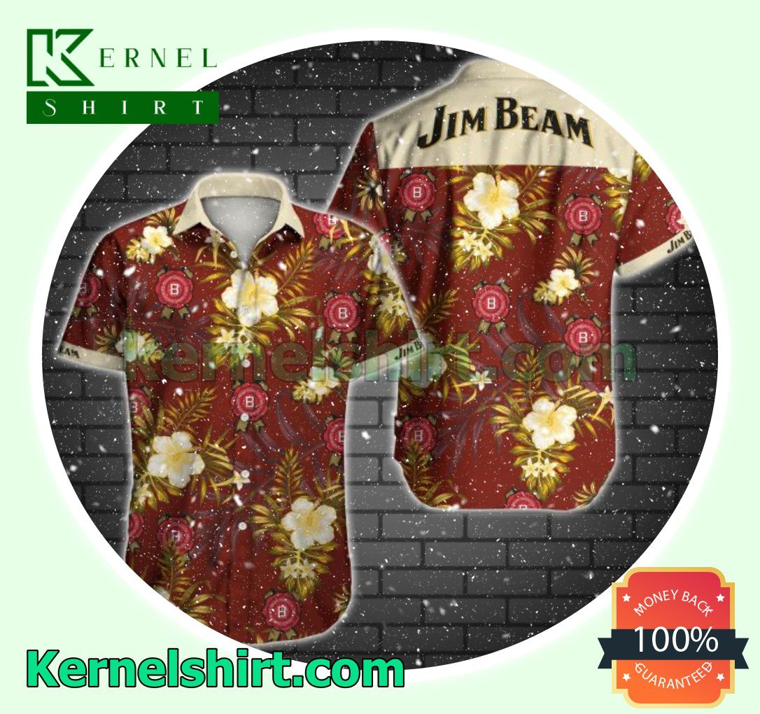 Jim Beam Yellow Tropical Floral Red Beach Shirts