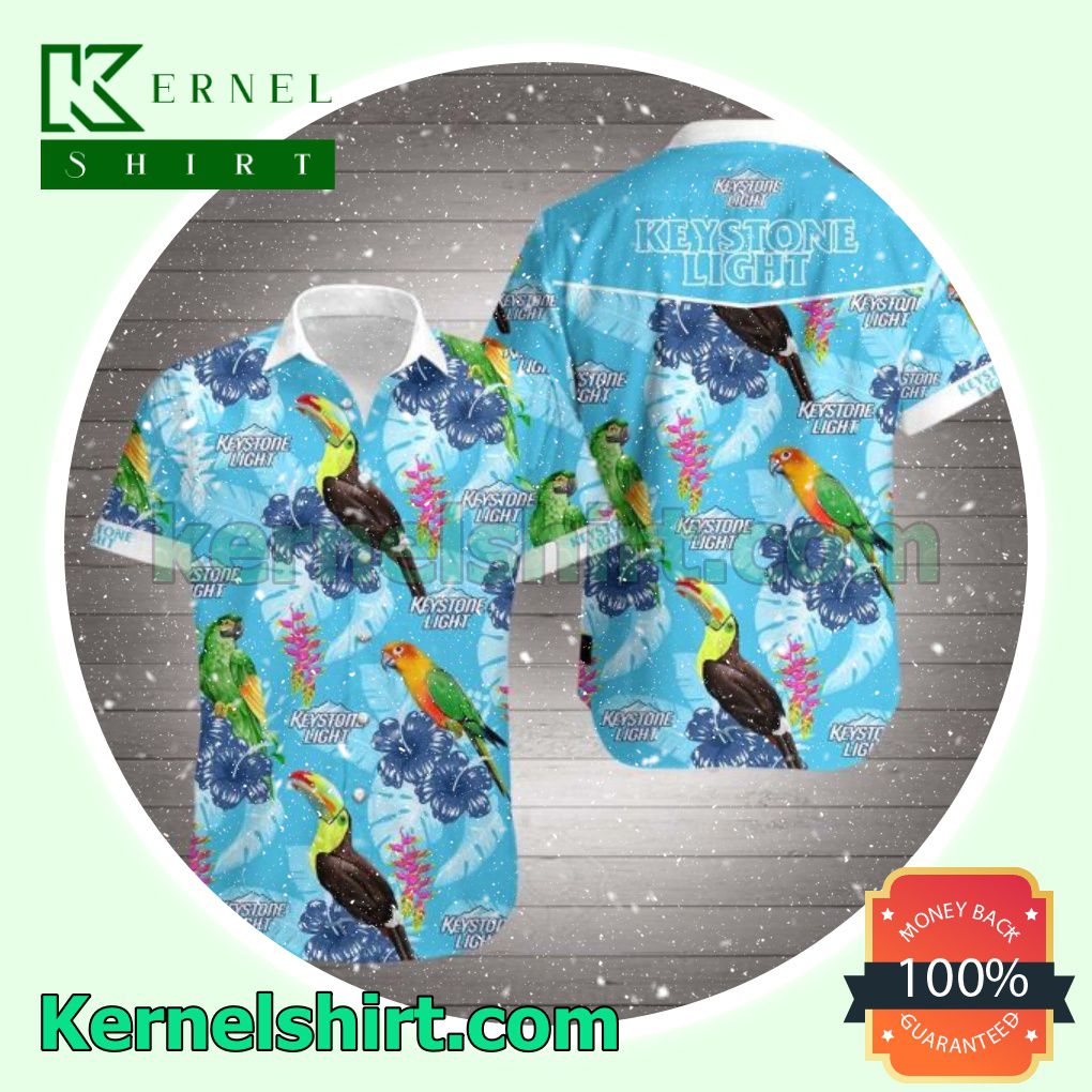 Keystone Light Parrot Hibiscus Flower Blue Beach Shirts