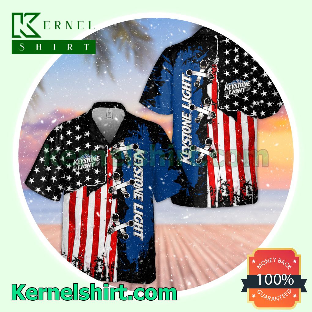 Keystone Light USA Flag Cross Stitch Black Blue Aloha Beach Hawaiian Shirt