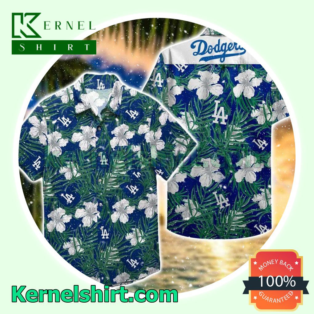 La Dodgers White Hibiscus And Green Palm Leaves Beach Shirt