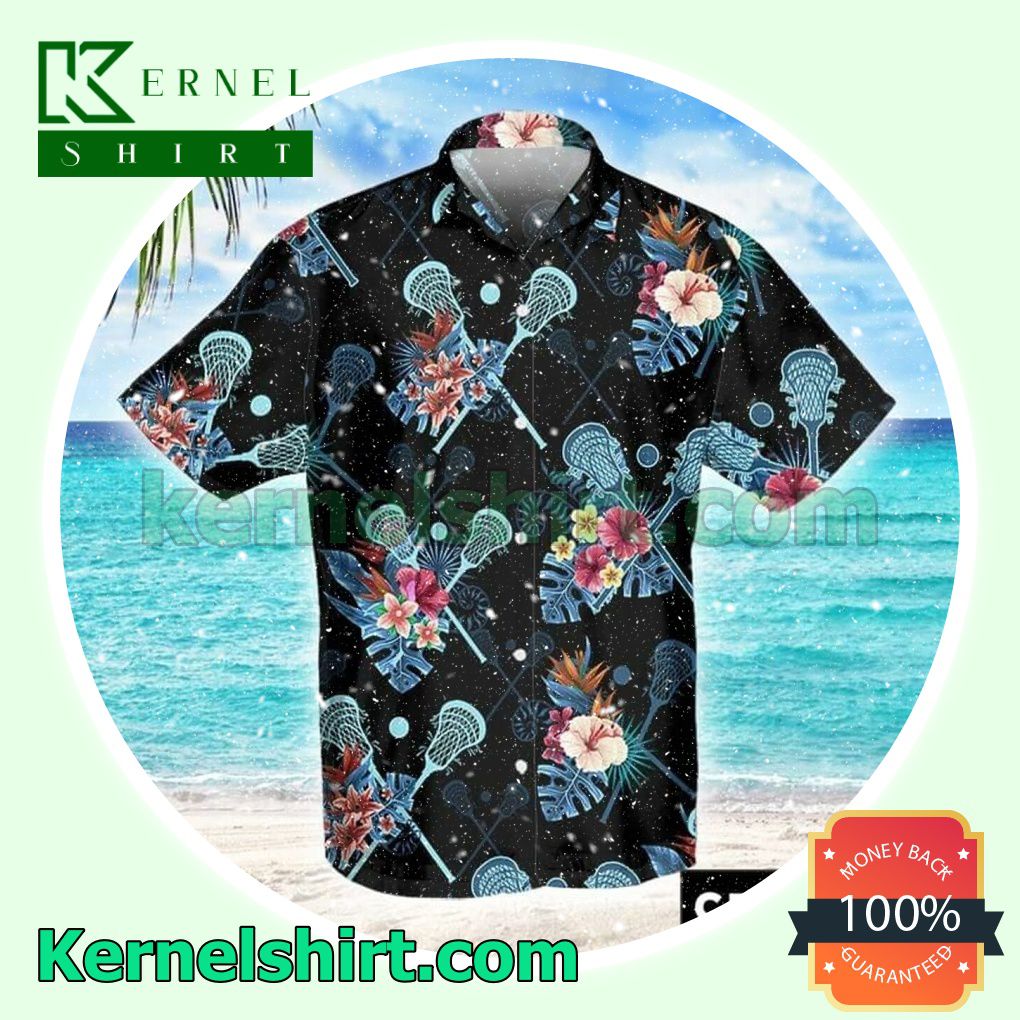 Lacrosse Stick Floral Tropical Black Beach Shirt